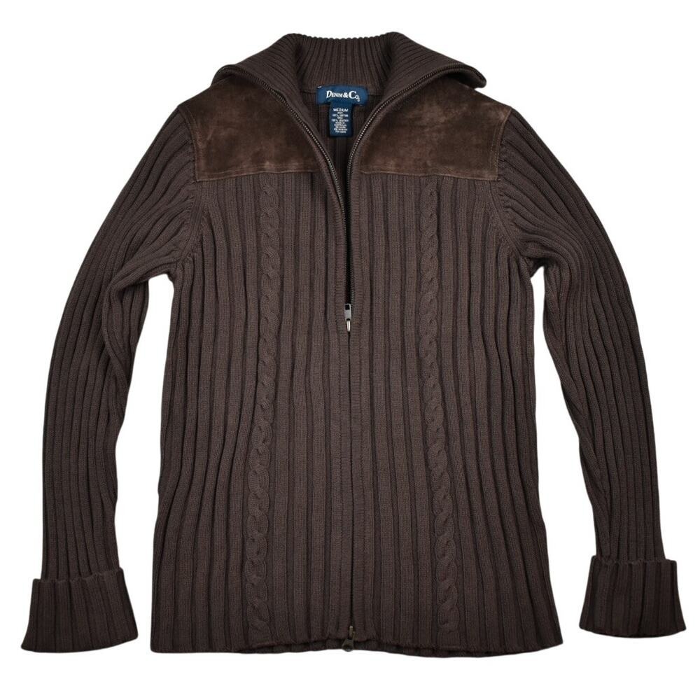 Vintage Y2K Ribbed Cardigan Sweater Womens M Brown Cotton Zip UpLeather Western